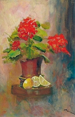 Red flowers on a stool with lemons